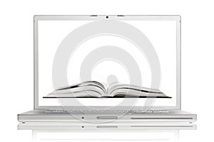 Open book on screen of high-end aluminium laptop