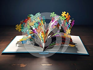 An open book in the shape of a colorful puzzle full of innovative business solutions.. AI generation
