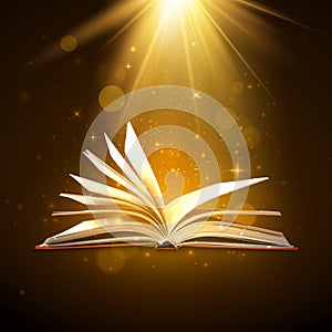 Open book with shining pages in brown colors. Fantasy book with magic light sparkles and stars. Vector illustration