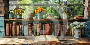 An open book sits on a wooden table in front of a rustic window. The window is divided into sections by wooden bars, and the