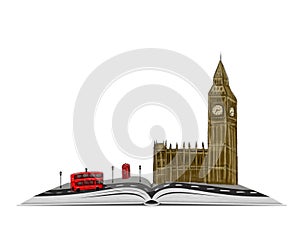 Open book with sketch of London isolated on white background