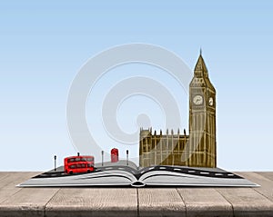 Open book with sketch of London on top