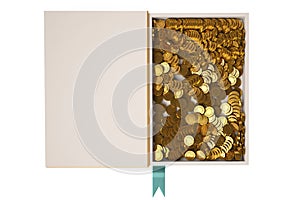 An open book, some gold coins inside the book.3D illustration.