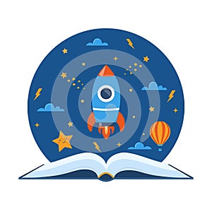 Open book and space elements. Planet, rocket, star, cloud, aerostat. Education concept for kids. Knowledge, creativity,