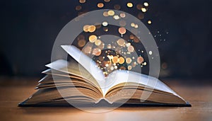 Open book with sparkles on table. Magic composition in dark room