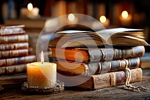 Open Book on Stack of Antique Books with Candlelight