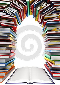 Stack of books in the form of windows, doors, frames