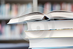 Open book on a stack of books on a table