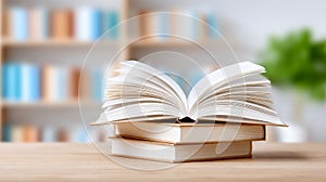 Open book on stack of books.