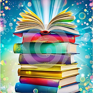 Open book, stack of colorful hardback books on bright colorful bokeh background