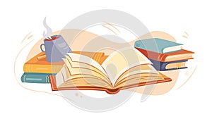 Open Book and Stack of Learning Books. Education and Knowledge Icon, vector design Generative AI
