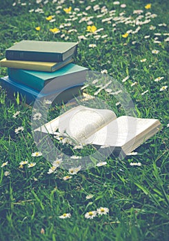 Open Book With Stack of Literary Classics In Grass Field of Summer Flowers