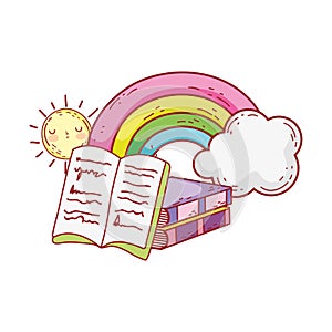 Open book stacked books rainbow clouds sun cartoon