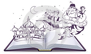 Open book story tale Magic lamp Aladdin. Arab tales Alladin, genie and Princess photo