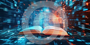 Open book surrounded by digital data streams and glowing binary code