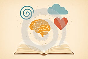 Knowledge, Love, and Inspiration: Open Book with Brain, Heart, and Cloud