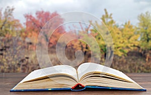 Open book on the table against the background of a beautiful landscape