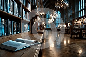 Open Book on Table in Grand Library Interior