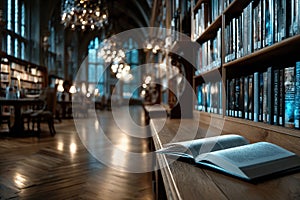 Open Book on Table in Grand Library Interior