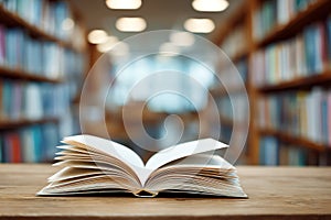 open book on a table in a library, AI generated