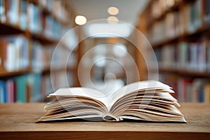 open book on a table in a library, AI generated