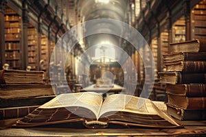 Open book on a table with stacks of books on the sides. Blurred old library on a background