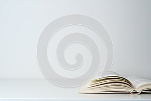 Open book on the table. A book with a white page on a light empty background. Education, school, study, reading concept