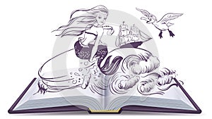 Open book Tale of Mermaid. Reading develops imagination