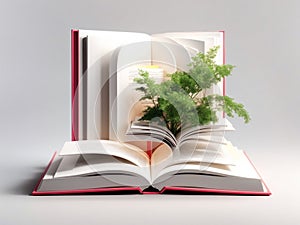 an open book is top of another book, white color, 3d render books, isolated on white background.