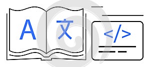 Open Book with Translation Symbols and Coding Icon Language Learning and Programming