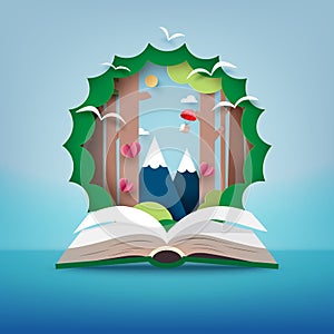 Open book of travel.Paper art of Nature and Imagination for idea concept.Vector illustration