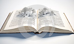 Open book with trees on white background. 3d render illustration.