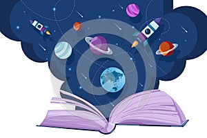 Open book universe reading fantasy Vector flat style. Creativity education reading concepts