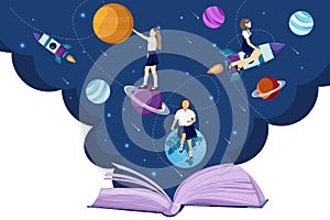 Open book universe reading fantasy Vector flat style. Creativity school kids education reading concepts