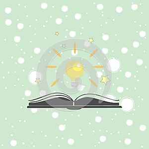 Open book vector icon with shining bulb over it