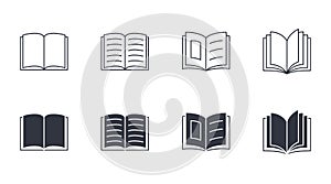 Open book vector icons. Editable stroke. Magazine brochure storytelling reading. School knowledge study Bible. Stock line