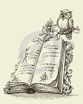 Open book vintage stand and cute owl