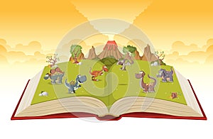 Open book with volcano and funny cartoon dinosaurs. photo