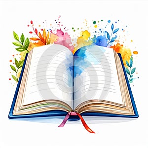 Open Book with Watercolor Splashes and Leaves