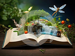 an open book with a waterfall , trees and butterflies coming out of it