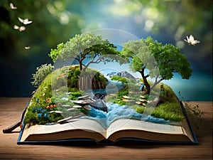 an open book with a waterfall , trees and butterflies coming out of it