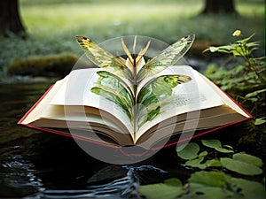 an open book with a waterfall , trees and butterflies coming out of it