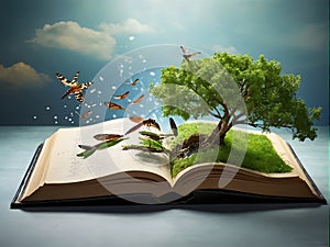 an open book with a waterfall , trees and butterflies coming out of it