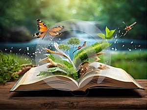 an open book with a waterfall , trees and butterflies coming out of it