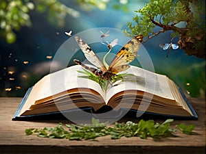 an open book with a waterfall , trees and butterflies coming out of it