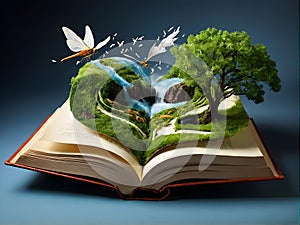 an open book with a waterfall , trees and butterflies coming out of it