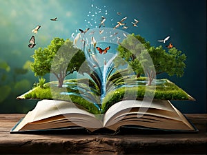 an open book with a waterfall , trees and butterflies coming out of it