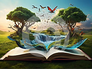 an open book with a waterfall , trees and butterflies coming out of it