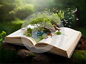 an open book with a waterfall , trees and butterflies coming out of it