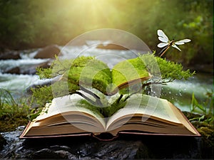 an open book with a waterfall , trees and butterflies coming out of it